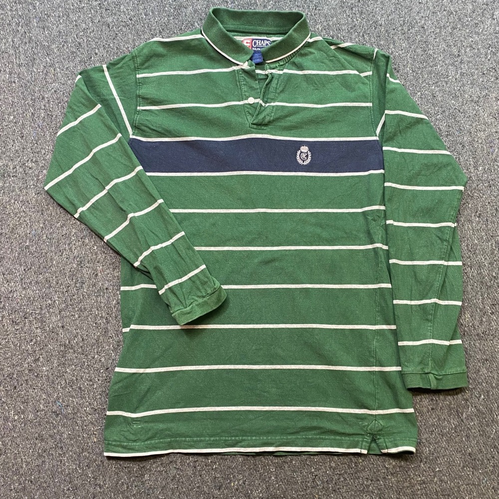 Chaps Ralph Lauren Rugby Shirt Sz M Mens Green Striped Crest Logo 90s Skater